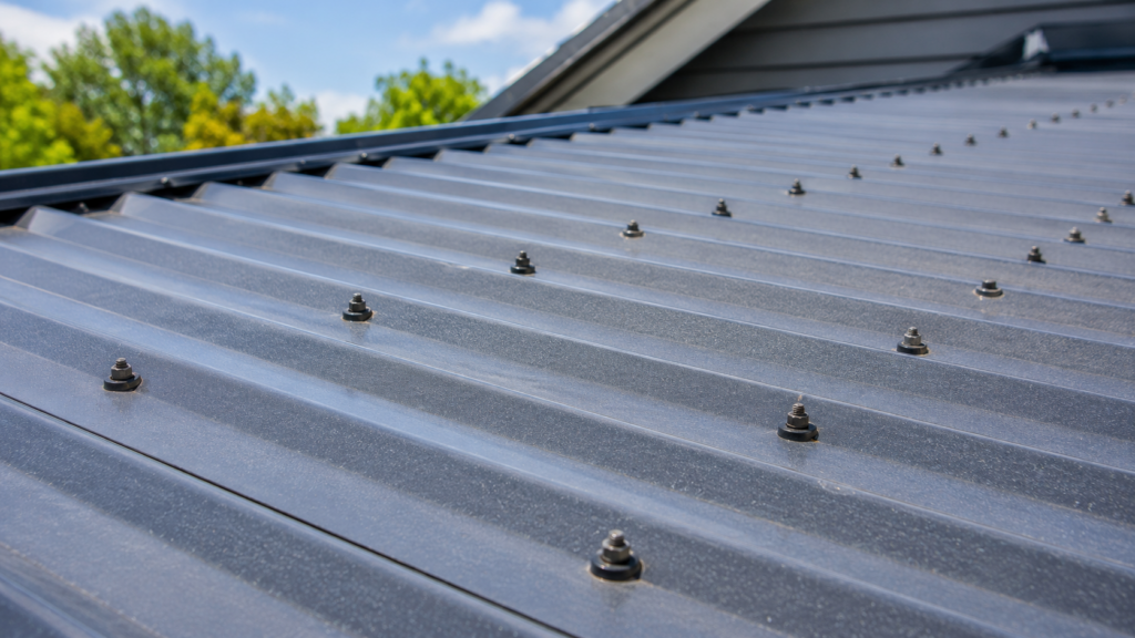 Close up view of exposed fasteners on a corrugated metal roof