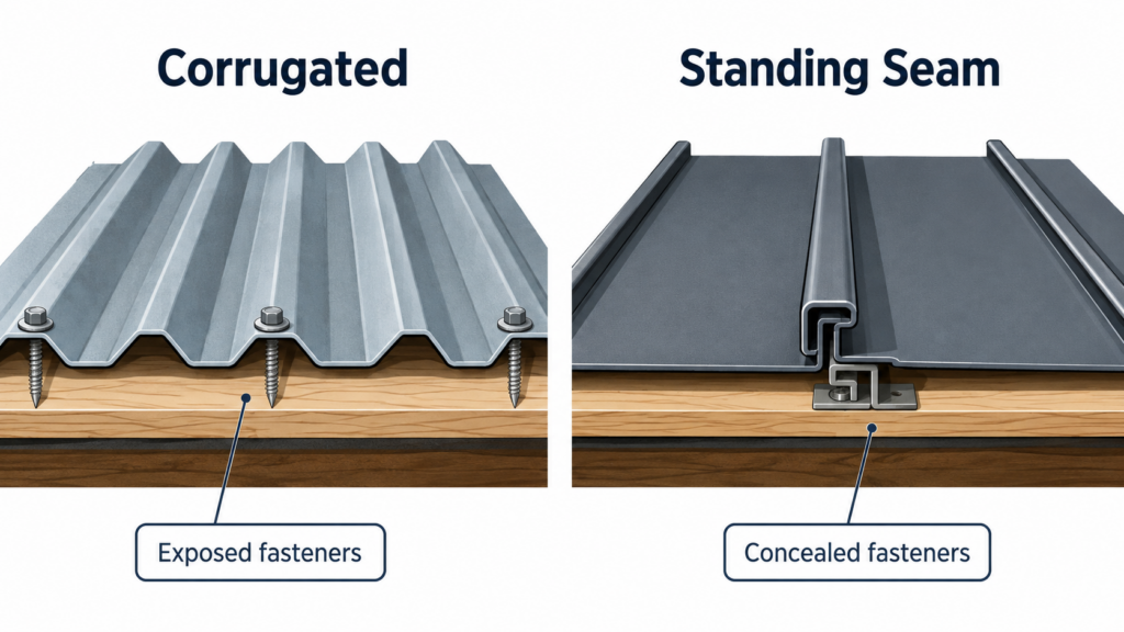 Illustration of corrugated roof exposed fasteners and standing seam concealed fasteners