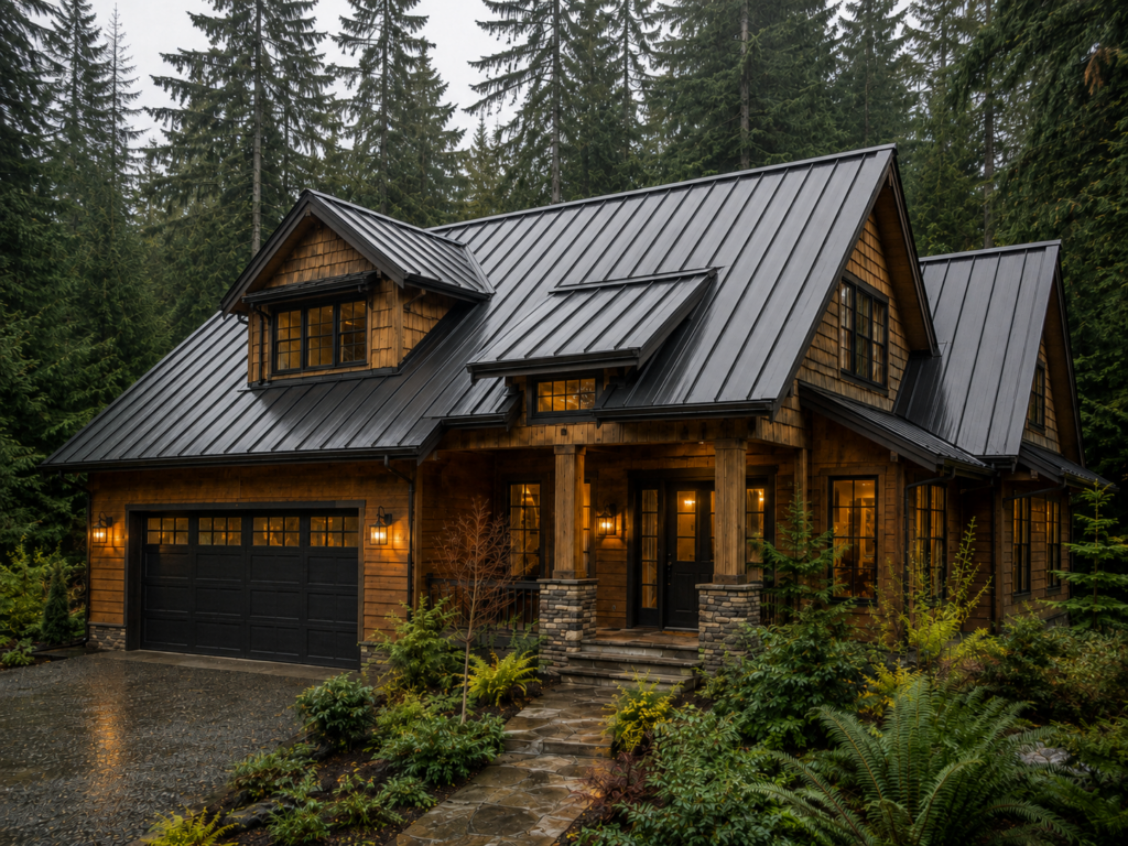 Cabin style home in a forest with black standing seam metal roofing