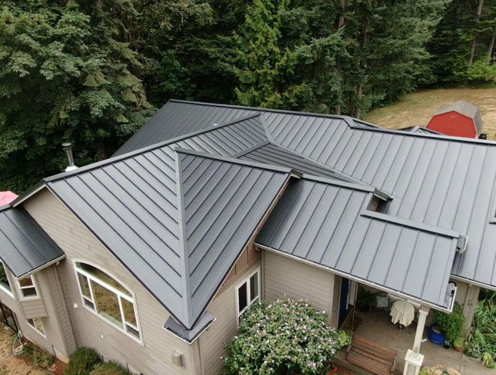 Black Standing Seam metal roof to illustrate standing seam metal roof material and type of metal roofing